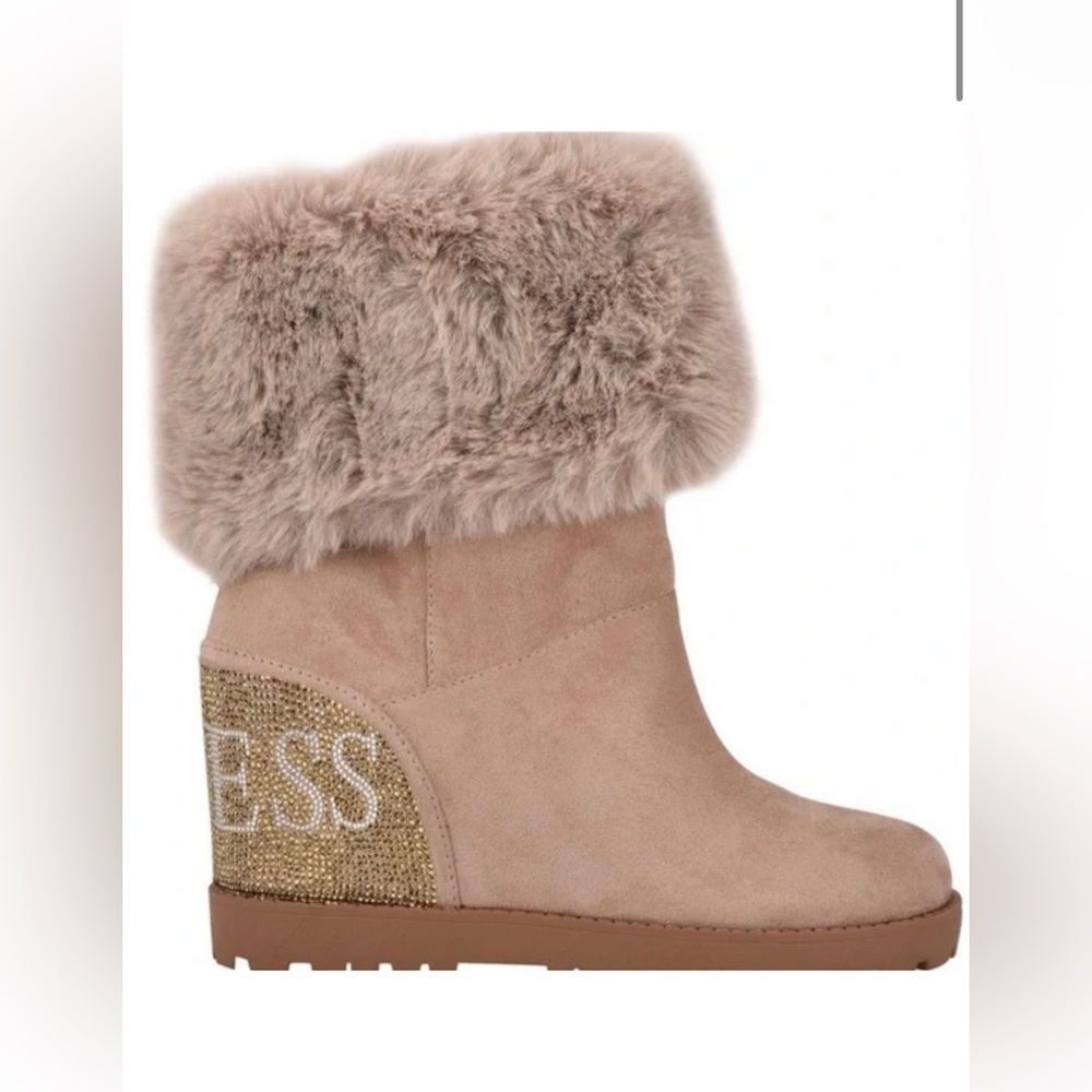Guess “Paulie”Taupe/Mauve Faux-Suede Hidden Wedge Mid-Calf Boots